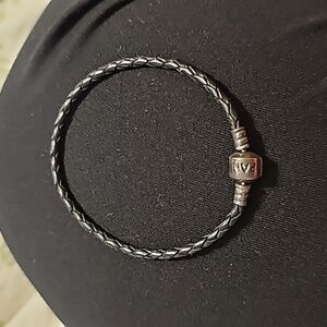Authentic Retired Single Strand Gray Pandora Leather Braided Bracelet